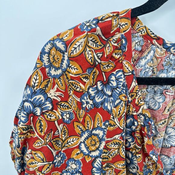 FAHERTY NWT Carmel Linen Blend Tie Waist Red Floral Button Down Midi Dress // M - Picture 7 of 16